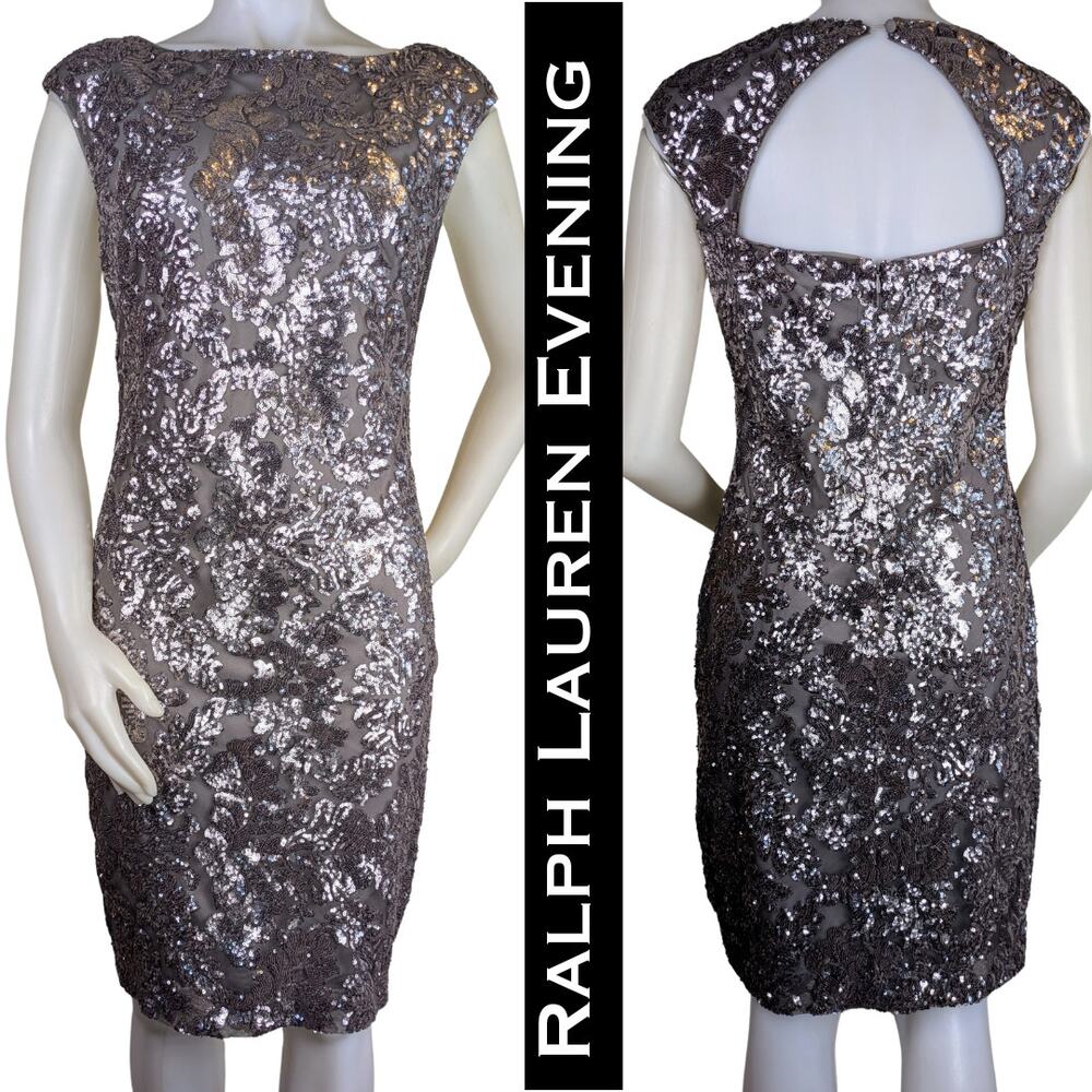 Ralph Lauren Gray Silver Sequin Tulle Evening Sheath Dress Keyhole Back Size 10